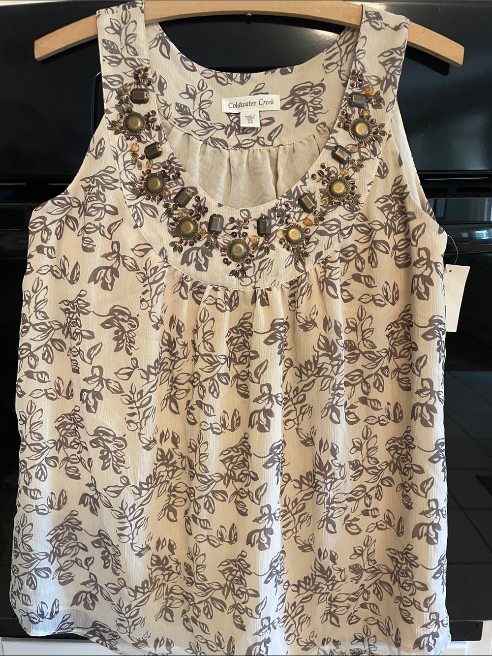 Coldwater Creek Cream Floral Beaded Scoop Neck Sleeveless Top